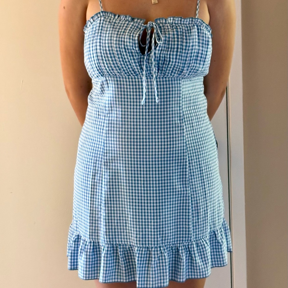 La Hearts Blue & White Gingham Tie-Front Mini Dress